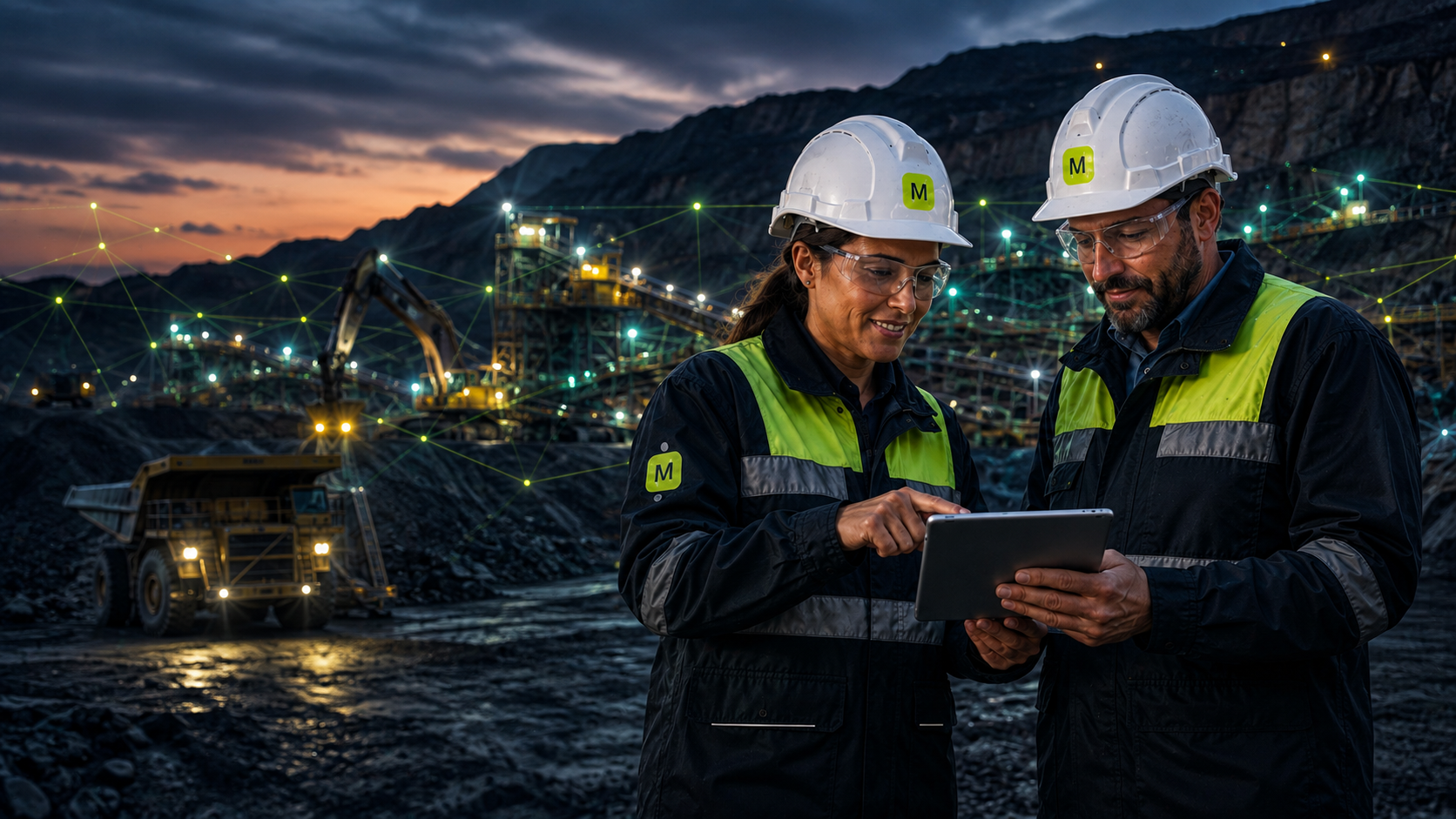Trabalhadores de mineração com capacete analisando dados em um tablet