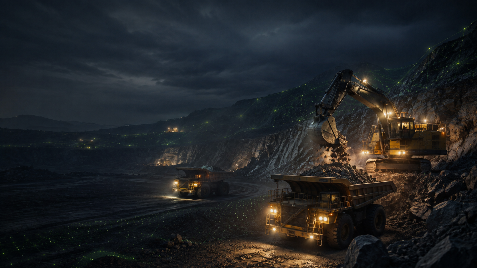 Escavadeira e caminhões de mineração em operação